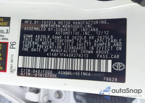 2013 Toyota Camry Le z USA, uszkodzony, nr VIN 4T4BF1FK4DR278213